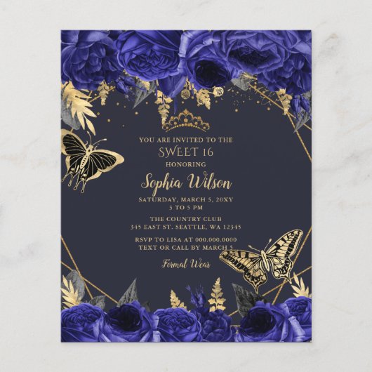 Budget Royal Blue Butterfly Sweet 16 Uitnodiging (Voorkant)