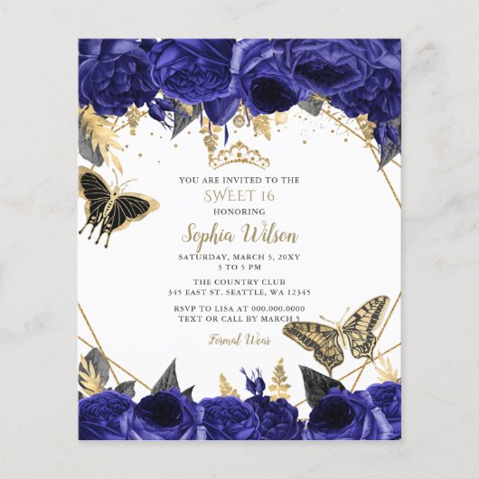 Budget Royal Blue Butterfly Sweet 16 Uitnodiging (Voorkant)