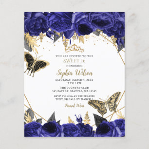 Budget Royal Blue Butterfly Sweet 16 Uitnodiging