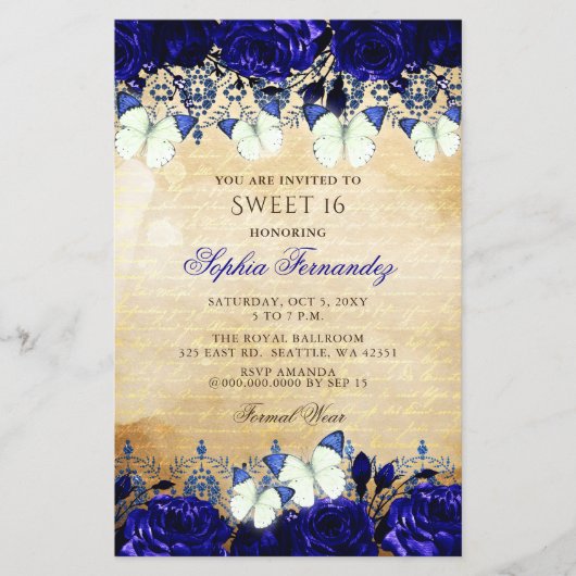 Budget Royal Blue Butterfly Sweet 16 Uitnodiging (Voorkant)
