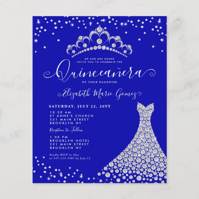 Budget Royal Blue Diamond Sparkle Glam Quinceanera (Voorkant)