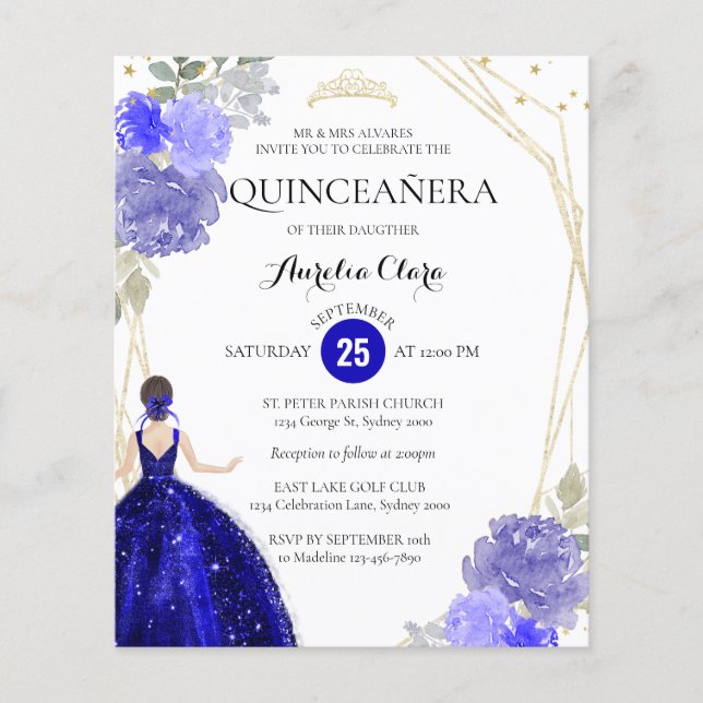 Budget Royal Blue Floral Geometric Quinceañera (Voorkant)