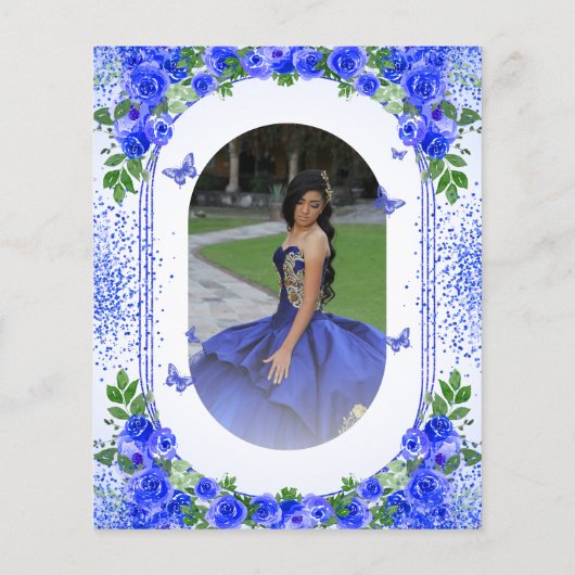Budget Royal Blue Floral Quinceanera Uitnodiging Flyer (Achterkant)