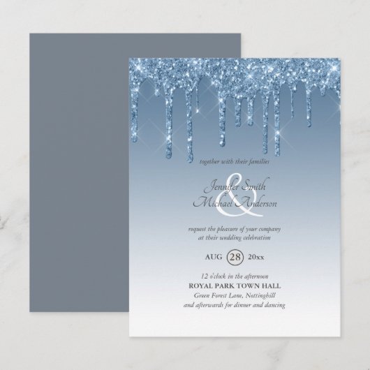 Budget Royal Blue Glitter Driving WEDDING INVITE Briefkaart (Voorkant / Achterkant)