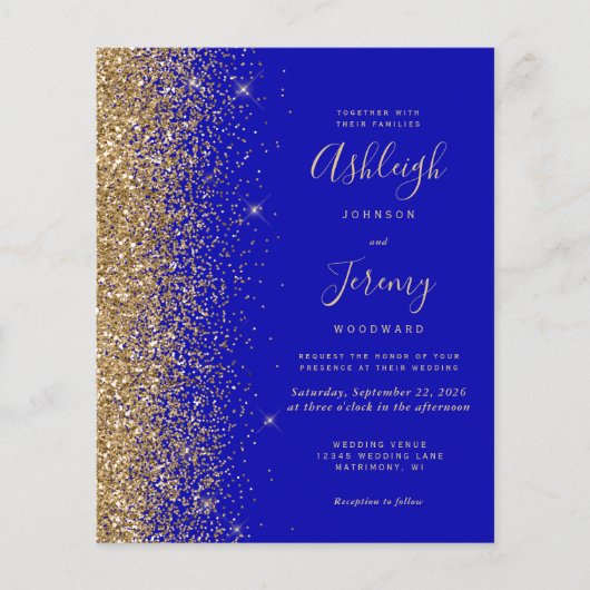 Budget Royal Blue Glitter Wedding Invite (Voorkant)