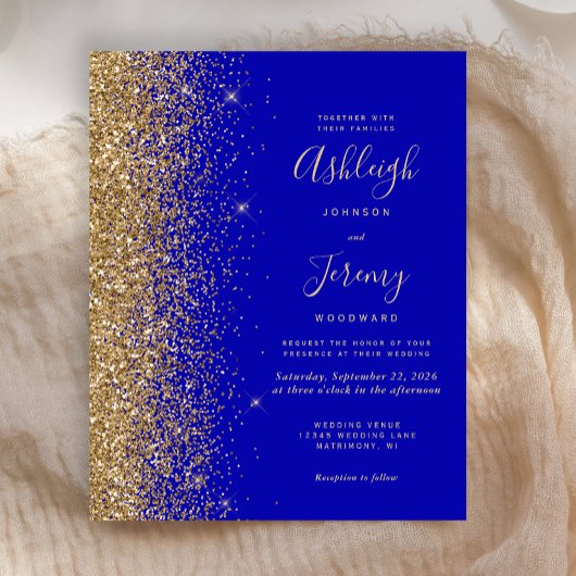 Budget Royal Blue Glitter Wedding Invite