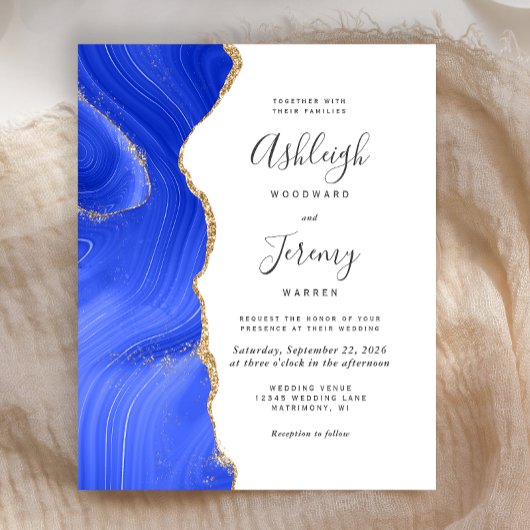Budget Royal Blue Gold Agate Wedding Uitnodiging