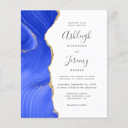 Budget Royal Blue Gold Agate Wedding Uitnodiging (Voorkant)