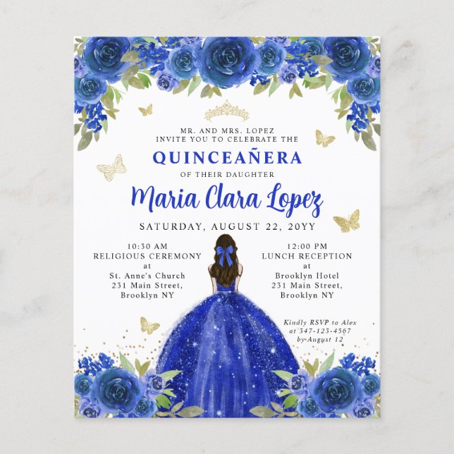 Budget Royal Blue Gold Floral Princess Quinceanera (Voorkant)