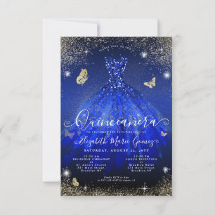 Budget Royal Blue Gold Glitter Gown Quinceanera Notitiekaartje
