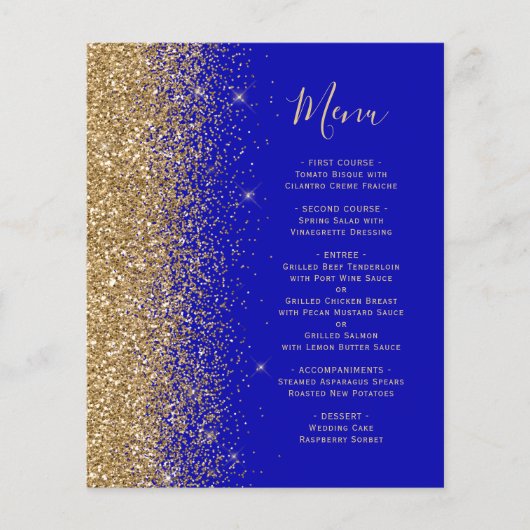 Budget Royal Blue Gold Glitter Trouwmenu (Voorkant)