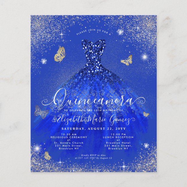 Budget Royal Blue Gold Gown Quinceanera Invite (Voorkant)