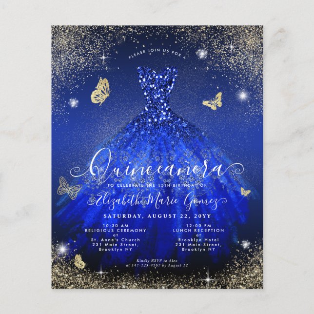 Budget Royal Blue Gold Gown Quinceanera Invite (Voorkant)
