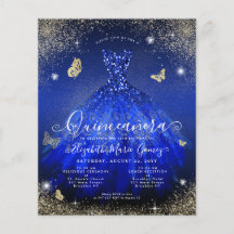 Budget Royal Blue Gold Gown Quinceanera Invite