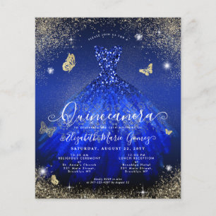 Budget Royal Blue Gold Gown Quinceanera Invite