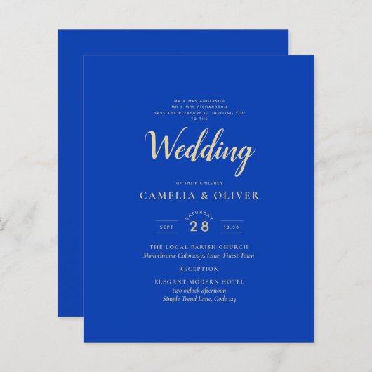 Budget Royal Blue Monochrome Wedding INVITE (Voorkant / Achterkant)
