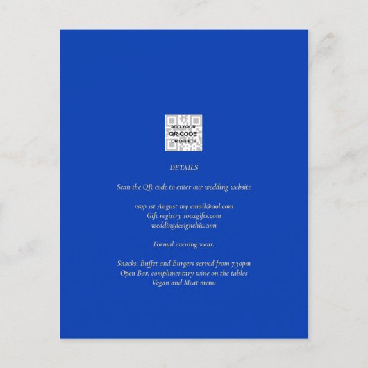 Budget Royal Blue Monochrome Wedding INVITE (Achterkant)