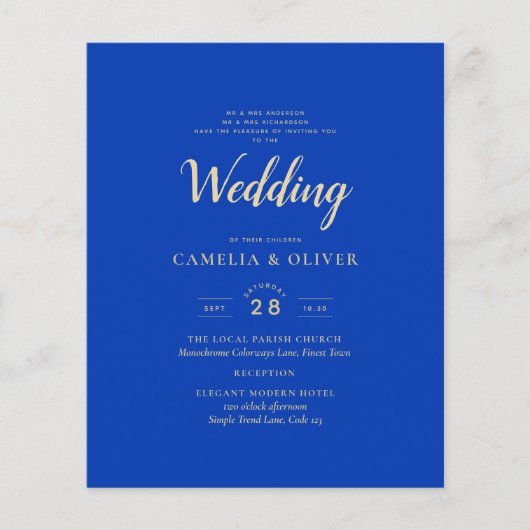 Budget Royal Blue Monochrome Wedding INVITE (Voorkant)