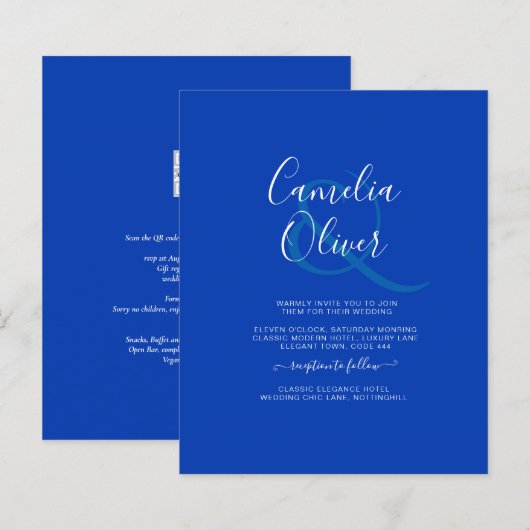 Budget Royal Blue Monochrome Wedding INVITE (Voorkant / Achterkant)