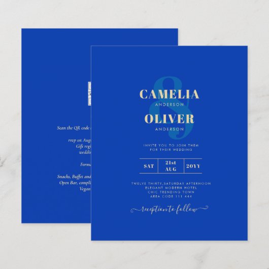 Budget Royal Blue Monochrome Wedding INVITE (Voorkant / Achterkant)