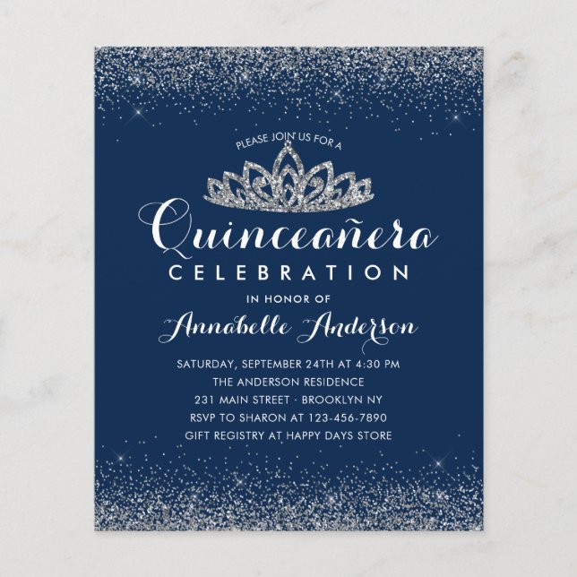 Budget Royal Blue Quinceañera Silver Tiara Invite (Voorkant)