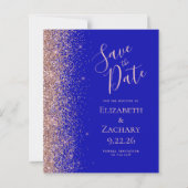 Budget Royal Blue Roos Gold Glitter Save the Date (Voorkant)