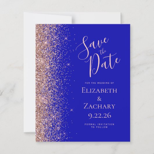 Budget Royal Blue Roos Gold Glitter Save the Date (Voorkant)