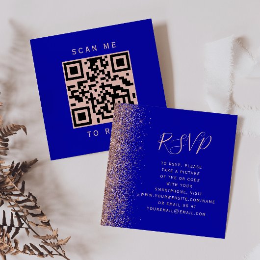 Budget Royal Blue Roos Gold Wedding QR Code RSVP Informatiekaartje