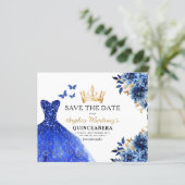 Budget Royal Blue Save the Date Quinceanera (Staand voorkant)