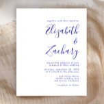 Budget Royal Blue Script Wedding Invitation<br><div class="desc">Deze eenvoudige moderne trouwuitnodiging bevat koninklijke blauwe tekst op een witte achtergrond. Voeg de namen van de bruid en de groom in stijlvolle handschriftelkalligrafie en de details in sans serif doopvont toe. De achterkant is een overeenkomende schaduw van massief koningsblauw.</div>