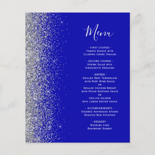 Budget Royal Blue Silver Glitter Edge Wedding Menu (Voorkant)