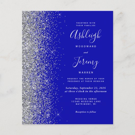 Budget Royal Blue Silver Glitter Wedding Invite (Voorkant)