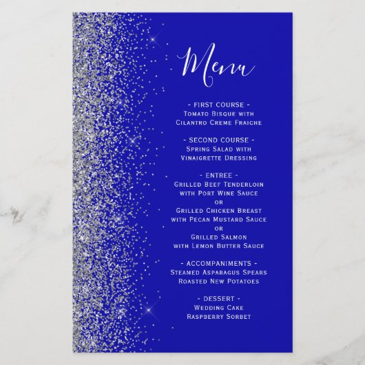 Budget Royal Blue Silver Glitter Wedding Menu (Voorkant)