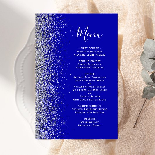 Budget Royal Blue Silver Glitter Wedding Menu
