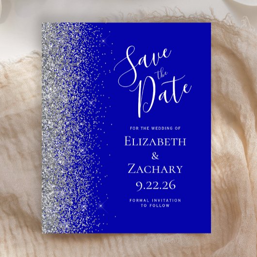 Budget Royal Blue Silver Save the Date Kaart