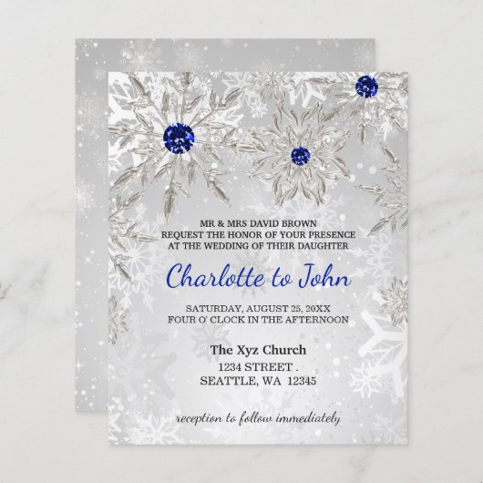 Budget Royal Blue Snowflakes Wedding-uitnodiging (Voorkant / Achterkant)
