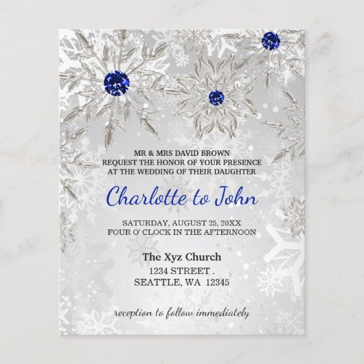 Budget Royal Blue Snowflakes Wedding-uitnodiging (Voorkant)