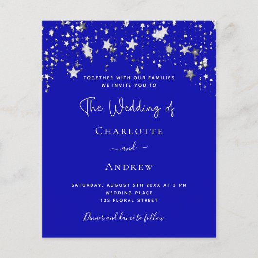 Budget royal blue zilsterstars trouwuitnodiging flyer (Voorkant)