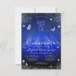 Budget Royal Blue Zilveren Glitter Gown Quinceaner Notitiekaartje