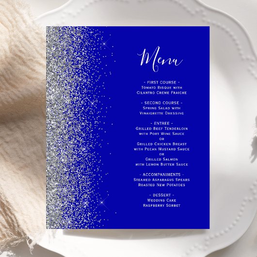 Budget Royal Blue Zilveren Glitter Rand Trouwmenu