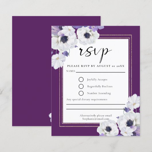 Budget Royal Paars Floral RSVP Card (Voorkant / Achterkant)