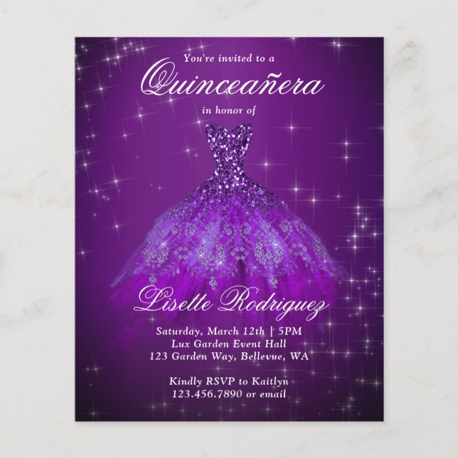 Budget Royal Paars Quinceanera Uitnodiging (Voorkant)