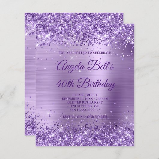 Budget Royal Paarse Glittery Folie Invitation (Voorkant / Achterkant)