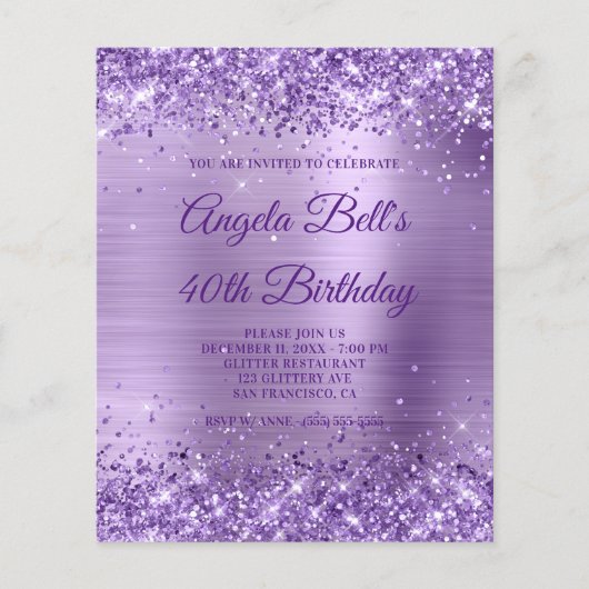 Budget Royal Paarse Glittery Folie Invitation (Voorkant)