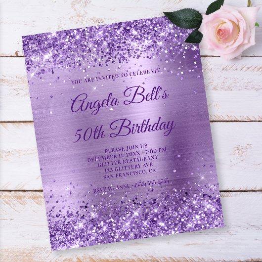 Budget Royal Paarse Glittery Folie Invitation