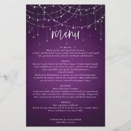 Budget Royal Paarse String Lights Bruiloft Menu (Voorkant)