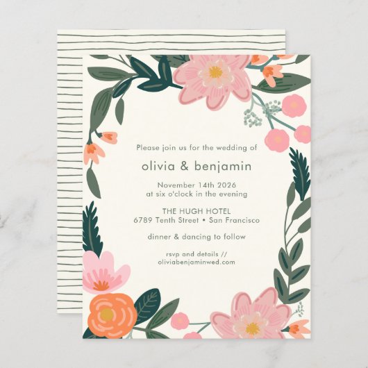 Budget roze achtertuin Floral Wedding Invite (Voorkant / Achterkant)
