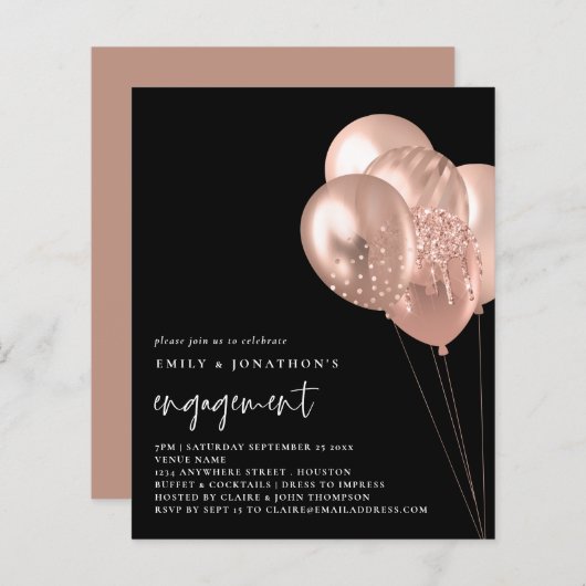 Budget Roze Ballonnen Zwart Uitnodiging Trouwfeest (Voorkant / Achterkant)