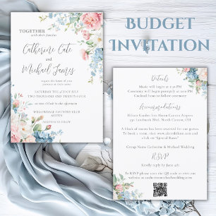 Budget Roze & Blauwe Bloemen Elegante Huwelijk Kaart