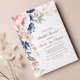 Budget Roze Blauwe Floral Bridal Shower Uitnodigin